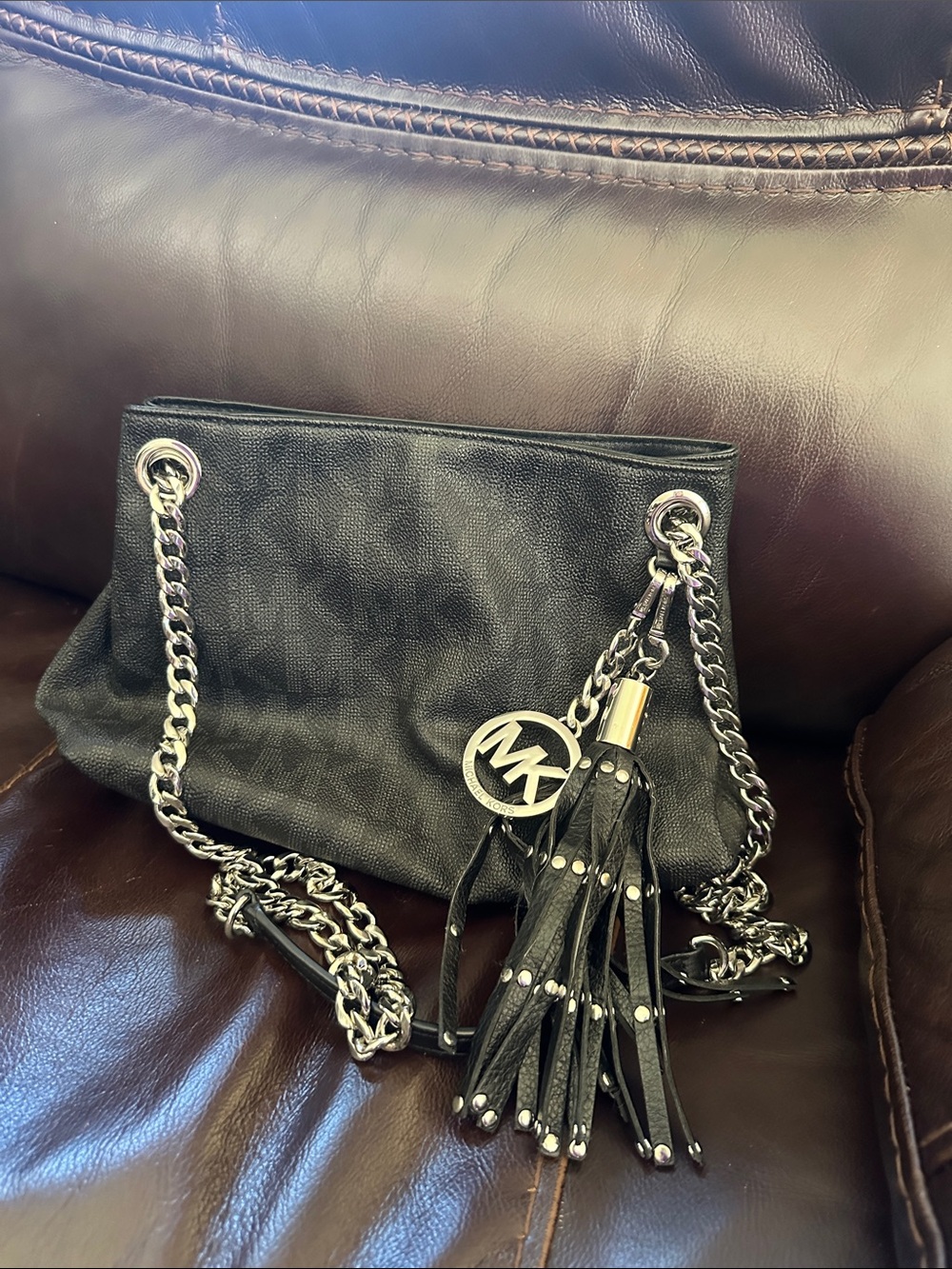 Michael Kors Black Leather Shoulder Bag with Silver Chain and Tassel with wallet